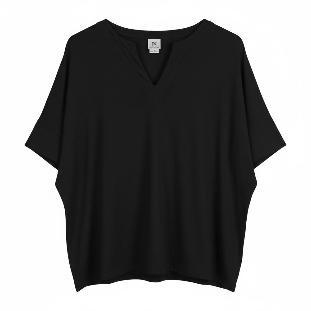 Natori Batwing Poncho Top shirt black V-Neck Kaftan Blouse Medium